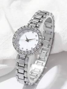 2 PIEZAS Reloj de mujer elegante y de moda, esfera de aleación redonda con escala de diamantes de imitación y incrustaciones de diamantes de imitación, con cadena de plata con diamantes de imitación en forma de estrella de cinco puntas, adecuado para festivales, bodas, fiestas y uso diario, es el mejor regalo para damas.
