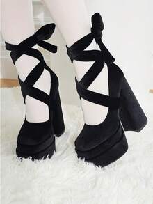 Lace Up Mary Jane Heels For Women Platform Chunky Heeled Shoes Goth Round Toe Y2K High Heels - Black - View 9