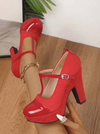 红色高跟鞋，粗跟，新品上市，色块，优雅圆头女鞋