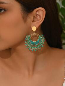 1对复古绿色手工串珠流苏耳环，几何圆形编织耳环，适合女性日常、度假、派对佩戴（手工编织珠子颜色和位置随机，金属圆环光滑表面可能存在划痕和轻微瑕疵） - 綠色 - 查看 2