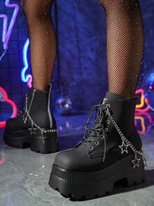 大码女式系带靴，星形链条装饰，厚底方头坡跟踝靴，秋冬季时尚单品 - 黑色 - 查看 5