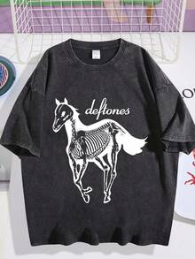 Vintage Men's Washed And Worn Short Sleeved T-Shirt, American Rock Deftone Skull Horse Print, Street Style Loose Top004 - 黑色 - 查看 1
