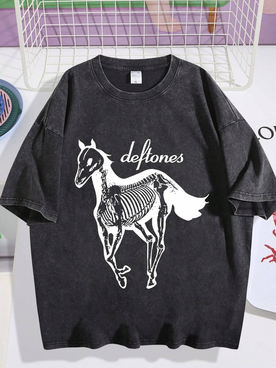 Vintage Men's Washed And Worn Short Sleeved T-Shirt, American Rock Deftone Skull Horse Print, Street Style Loose Top004 - 黑色 - 查看 1
