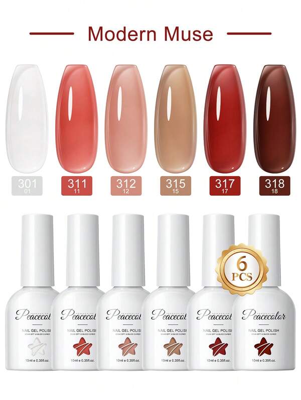 peacecolor 6PCS 10ML Crystal Jelly Nail Gel Polish Set, Red Brown Nude Soak Off Clear Gel Nail Polish, Long Lasting For Women DIY Salon Gift