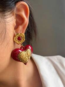 Monlansher 新款女士心形耳环，不锈钢与树脂撞色心形设计，时尚、个性化、奢华，适合日常佩戴 - 金色 - 查看 10