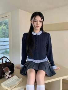 女式圆领长袖上衣，拼接二合一针织开衫