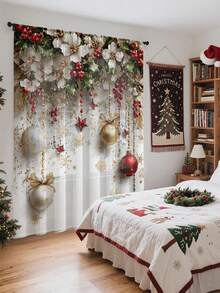 1pc Christmas Floral, Ornament & Decor Printed Polyester Curtain/Door Curtain, Rod Pocket Hanging, Suitable For Holiday Parties, Winter Celebrations, Christmas Decoration - Multicolor - View 4