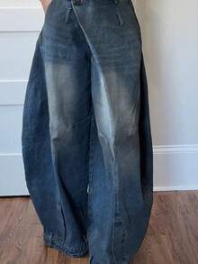 HERTALK Plus Size Daily Blue Asymmetric Button Pocket Washed Denim Jeans - 藍色 - 查看 3