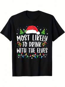 Camiseta Negra de Navidad para Mujeres - Impresión Gráfica "Más Probablemente Beberá con los Elfos", Camiseta de Manga Corta Casual de Alta Elasticidad, Top de Cuello Redondo Lavable a Máquina para Fiestas Navideñas y Ropa Casual - Negro - Ver 2