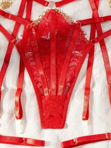Woman Sexy Lingerie Metal Chain Bra Set Women Red Lace Push Up Bra Hollow Out Garter Belt 4 Piece Erotic Set - 紅色 - 查看 7