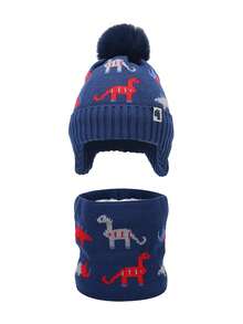 2pcs Kids Winter Hat & Scarf Set, Jacquard Dinosaur Pattern Knitted Beanie, Warm Earflap Hat For Boys & Girls - 2PC - View 11