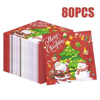 80/40/20张13*13英寸一次性圣诞主题餐巾纸，深红色底色搭配白色“圣诞快乐”字样，搭配圣诞老人、圣诞树、圣诞袜、雪人等可爱圣诞元素。适用于节日聚会、圣诞派对、新年及冬季主题派对、西餐厅、咖啡厅等日常餐巾纸设计。