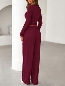 Women's Spring Fall 2 Piece Outfits Lounge Sets Long Sleeve Top Henley Shirts Wide Leg Pants Travel  Sweatsuit Set Women Clothes Home Clothes Going Out Outfits Sports Valentine Vacation Outfit For Women - 酒紅色 - 查看 2