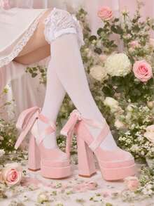Platform High Heels For Women Goth Sexy Bow Chunky Heel Mary Janes Dressy Ankle Strap Round Closed Toe Y2K Shoes Elegant Outfits Valentine's Day - 粉色 - 查看 7