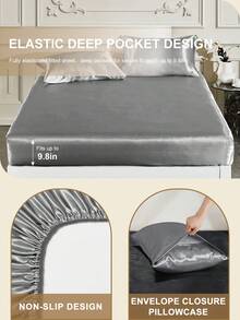 2/3pcs Luxury Satin Fitted Sheet Set, 1pc Mattress Cover With 1/2pcs Pillowcase, Bedding, Silky Touch Mattress Protector (No Filler), Skin-Friendly And Comfortable Fitted Sheet For Bedroom, Solid Color Satin Fitted Sheet Set, Cooling Breathable Bedding, Soft And Silky Minimalism Style Bedding Sheet, For Queen King Twin Full Size, Machine Washable, Perfect Holiday Gift, Silver, Autumn Decor, Room Decor, Back To School, School Supplies