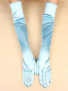 1 Pair Women's Light Blue Satin Long Gloves, Suitable For Wedding Attire - Baby Blue - View 2