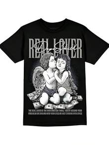Real Lover Graphic Black T - Shirt,220g Cotton Women's Casual Printed T-Shirt, Crew Neck Pullover Short-Sleeve