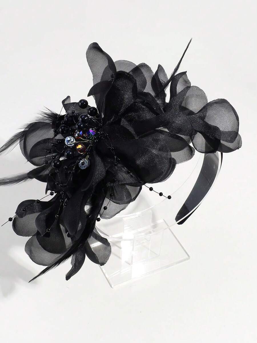 1 pieza Diadema elegante con flor de strass y plumas para fiesta, aro para el cabello, accesorios para el cabello para el hogar - Negro - Ver 1