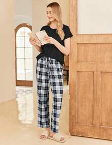 Pajama Sets Women Round Neck Pjs Short Sleeve Sleepwear With Long Pants Loose Lounge Sets - Navy Blue-white Plaid - View 8