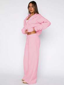 2pcs Women's Fashion Activewear Set: Hooded Zipper Long Sleeve Sweatshirt And High Waisted Pocket Wide Leg Pants, Autumn/Winter - 粉色 - 查看 2