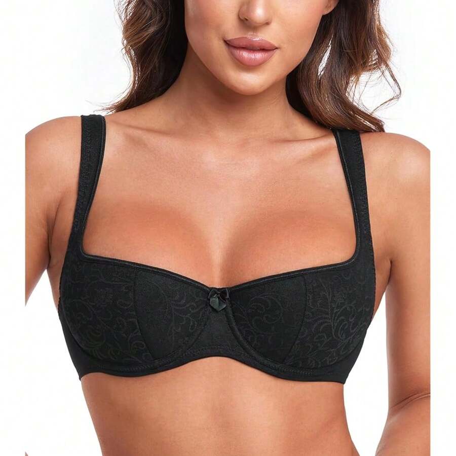 HACI Women's Sexy Balconette Bra Demi Half Cup Scoop Neck Push Up Lightly Padded Shelf Underwire Low Cut - màu đen - Xem 1