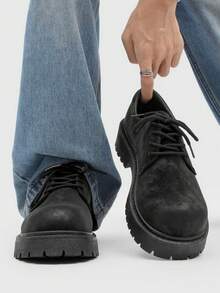 Men's Fashionable Black Thick Sole Lace-Up Casual Dress Shoes, Low-Top Formal Party Vintage Round Toe Elevator Shoes, - Black - View 2