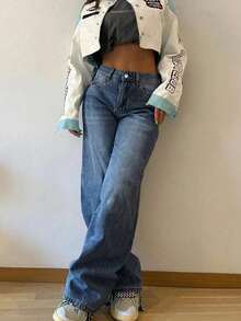 Quần jeans nữ ống đứng dáng rộng, xếp ly, kiểu vintage, thích hợp cho mùa xuân. - Rửa trung bình - Xem 5