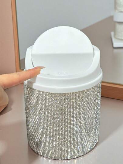 1pc Rhinestone Decorated Desktop Makeup Trash Can, Rotating Lid Desk Organizer Suitable For Vanity, Bedroom, Office, Shines In Sunlight Bag, Room Decor, Bags, Makeup Bag, Vanity, Travel, Make Up Bag, Organizer, Storage, Travel Essential, Makeup Organizer, Makeup Bags, Toiletry Bag, Desk Organiser, Cosmetic Bag, Makeup Pouch, Make Up Organizer, Vanity Accessories, Make Up Pouch, Make Up Bags, Jewellery Box, Pouch, Makeup Brush Holder, Brush Holder, Perfume Organiser, Pouch Bag, Gifts For Women, Christmas Gifts, Gift Ideas For Women