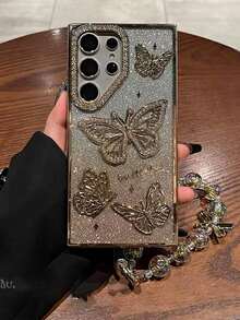 Gradient Glitter Electroplated Rhinestone Lens Butterfly Strap Electroplated Bow Anti-Lost Bracelet Full Coverage Anti-Drop Phone Case Compatible With Iphone 16 Pro Max, 17/17 Pro/17 Pro Max - Champagne - View 3