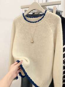 Fashionable Elegant Contrast Color Pullover Sweater, Suitable For Daily Wear, Outdoor Leisure And Travel In Autumn/Winter Season (Excluding Accessories, Top Only) - Red Apricot Color - View 4