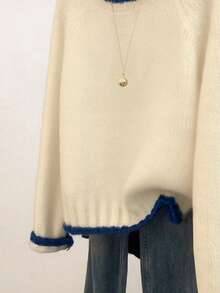 Fashionable Elegant Contrast Color Pullover Sweater, Suitable For Daily Wear, Outdoor Leisure And Travel In Autumn/Winter Season (Excluding Accessories, Top Only) - Red Apricot Color - View 2