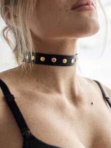 1件装女士性感朋克风颈链，摇滚哥特风黑色PU皮革流苏铆钉项圈束缚魅力派对饰品配饰 - 金色 - 查看 2