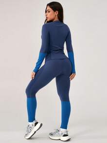 Leorrey 1 Set Women Seamless Comfortable Casual Round Neck Lifting Shaping Fitness Workout Running Outdoor Long Sleeve Top And Pants Sports Suit Ski Outfits Winter - Blue - View 3