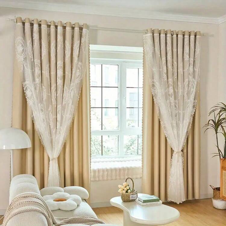 1 件双层渐变薄纱窗帘，半透明但不透视，简约双层一体式设计，客厅/卧室定制，北欧/法式风格带打孔刺绣窗帘 - 米色 - 查看 11
