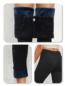 女士冬季休闲水洗黑色修身牛仔裤，加长保暖内衬，高弹力裤型，适合冬季穿着 - 黑色 - 查看 7