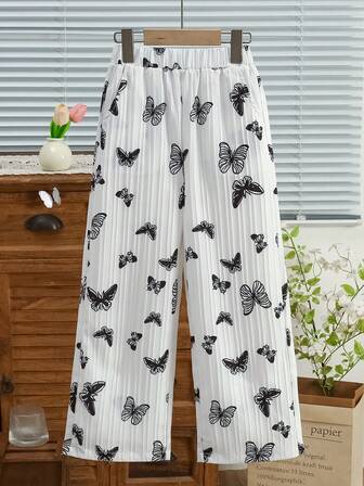 Girls' Casual Straight Leg Pants With Butterfly All-Over Print, Suitable For Summer & Autumn