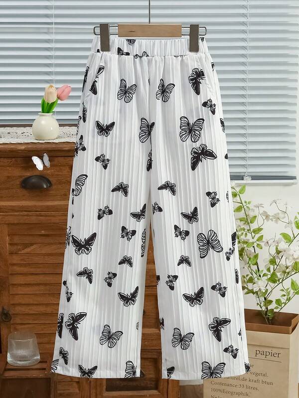 Girls' Casual Straight Leg Pants With Butterfly All-Over Print, Suitable For Summer & Autumn
