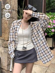 Casual Japanese Style Plaid Shirt, Women's Autumn/Winter Outerwear, Loose Fit Flattering Collared Long Sleeve Top With Unique Texture, Lightweight Sun Protection - Brown - View 4