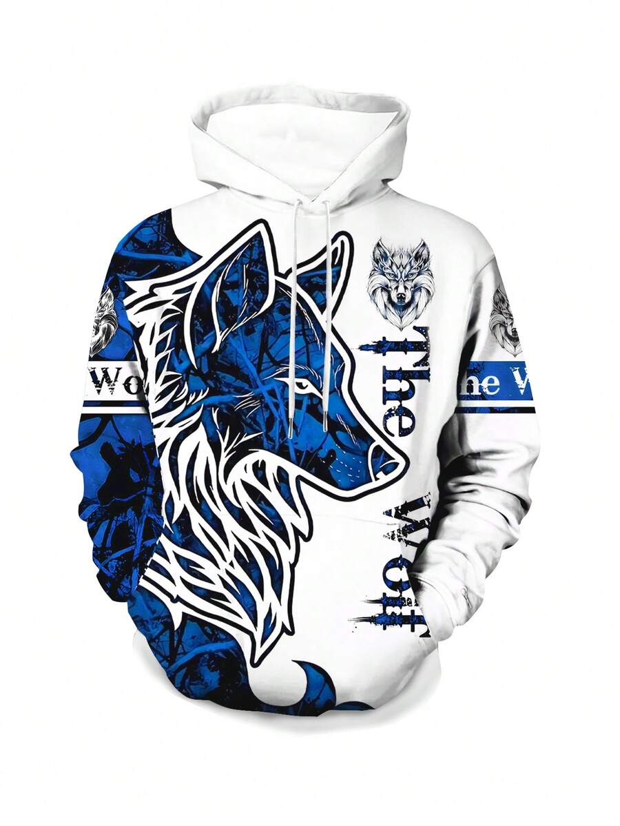 数码印花通勤运动休闲连帽衫，狼图案连帽卫衣，酷炫男士印花连帽衫，秋冬季街头风套头连帽衫，适合户外活动，绝佳礼品之选 - 彩色 - 查看 1