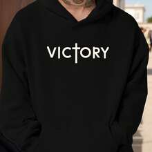 Hoodie Victory Cross Men's Casual Hoodie - Black With White Font, Loose Style, Long Sleeve, Zipper Cap, Non-Stretch Fabric, Great For Casual Clothing, Casual Hoodie | Bold Font Hoodie | Non-Stretch Hoodie - Black - View 1