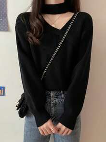 新款韩版不对称斜领灯笼袖宽松短款针织毛衣 - 黑色 - 查看 3
