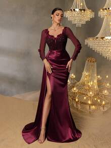 Faeriesty Floral Applique & Sequin Patchwork Ruffle Mermaid Hem Formal Dress - Burgundy - View 7