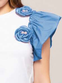 Blusa ligera para mujer de moda con olanes y flores 3D en bicolor de estilo casual para uso diario - Azul - Ver 5