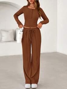 Women's Spring Fall 2 Piece Outfits Lounge Sets Long Sleeve Top Henley Shirts Wide Leg Pants Travel  Sweatsuit Set Women Clothes Home Clothes Going Out Outfits Sports Valentine Vacation Outfit For Women - 棕色 - 查看 4
