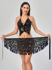 1 件女士肚皮舞亮片臀巾雪纺流苏腰带腰链披肩狂欢节闪亮服装狂欢节舞台舞蹈配饰 - 彩色 - 查看 13