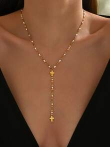 1 chiếc vòng cổ chữ Y bằng thép không gỉ thanh lịch có mặt thánh giá và đồ trang trí bằng nhựa nhiều màu sắc, phù hợp cho trang phục hàng ngày của phụ nữ hoặc các dịp lễ - vàng - Xem 3