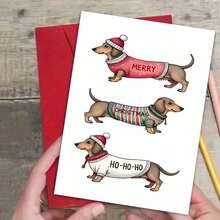 Dachshund Christmas Greeting Card, Cartoon Dog Holiday Wishes, Festive Season Paper Card For Anyone, Single Pack