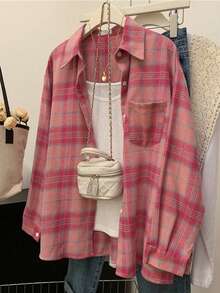 Women's Flannel Shirt Jacket, Plaid Long Sleeve Top With Polo Collar, Pocket And Button Front, Casual Holiday Season Travel Shirt For Fall Winter Spring