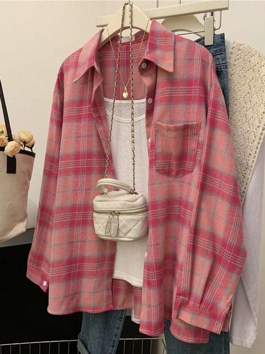 Women's Flannel Shirt Jacket, Plaid Long Sleeve Top With Polo Collar, Pocket And Button Front, Casual Holiday Season Travel Shirt For Fall Winter Spring