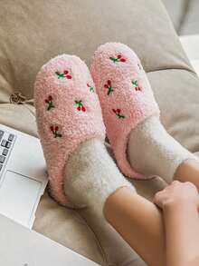 可爱刺绣水果和心形毛绒保暖女士室内拖鞋，秋冬静音鞋底家居鞋，毛茸茸的鞋子